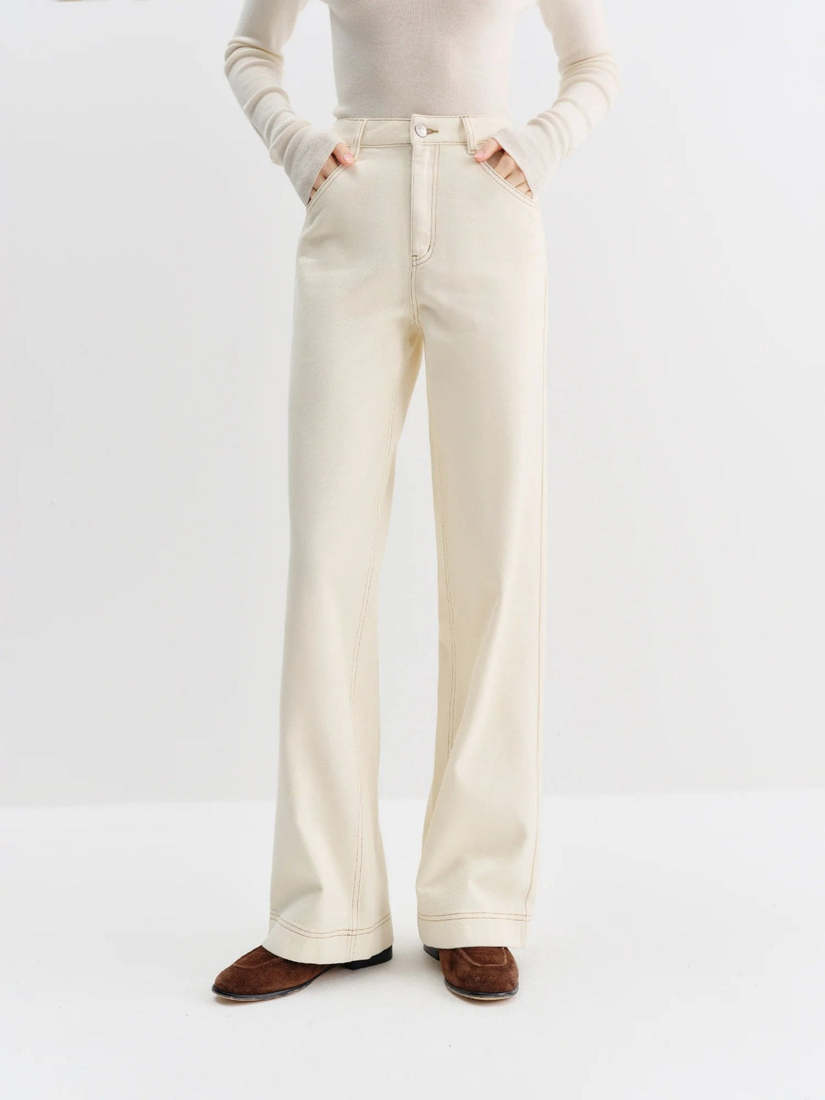 Cream jeans in rigid cotton denim, high-rise wide leg, full length, front view