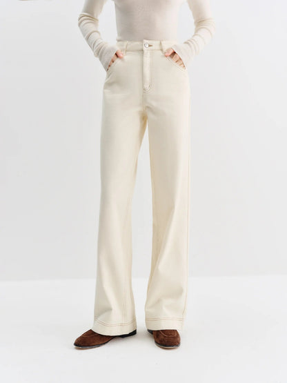 Cream jeans in rigid cotton denim, high-rise wide leg, full length, front view