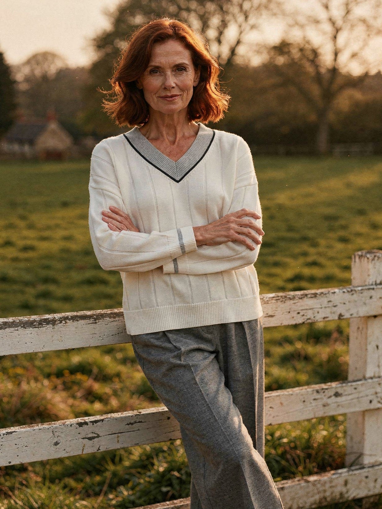 Woman wearing the ivory V-neck cricket jumper in cotton with pale grey contrast collar