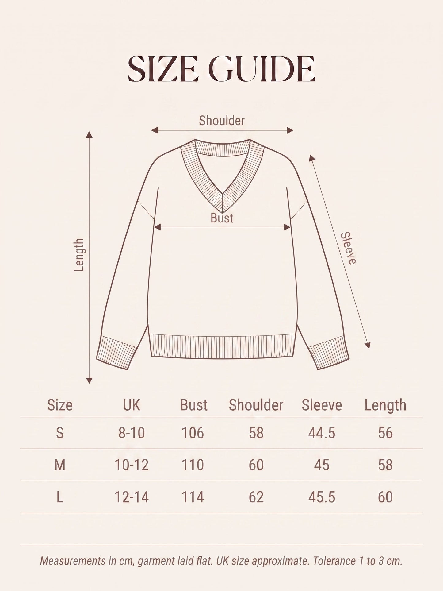 Size guide for the womens V-neck cricket jumper with measurements in cm for sizes S to L