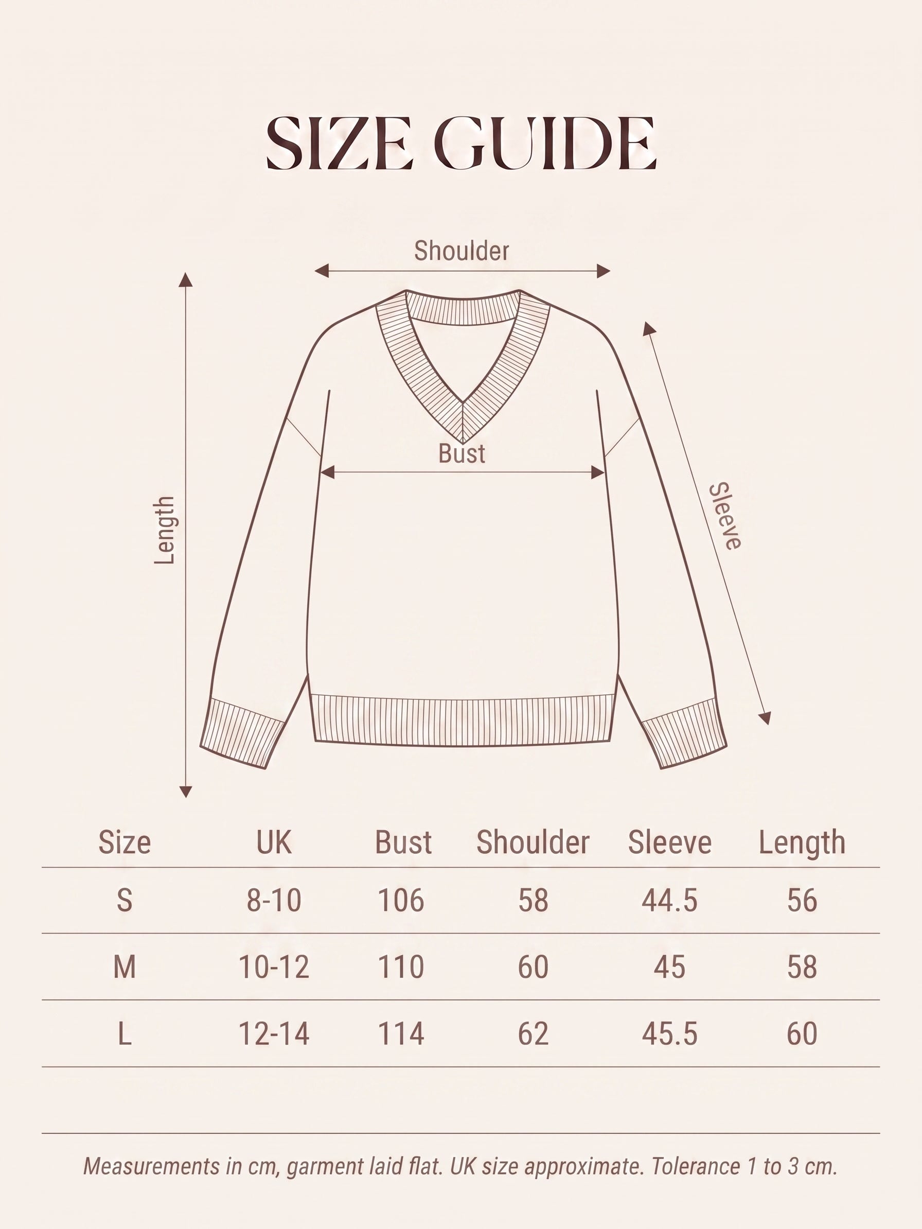 Size guide for the womens V-neck cricket jumper with measurements in cm for sizes S to L