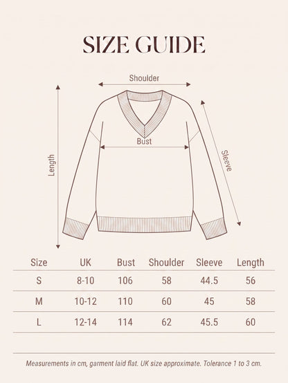 Size guide for the womens V-neck cricket jumper with measurements in cm for sizes S to L