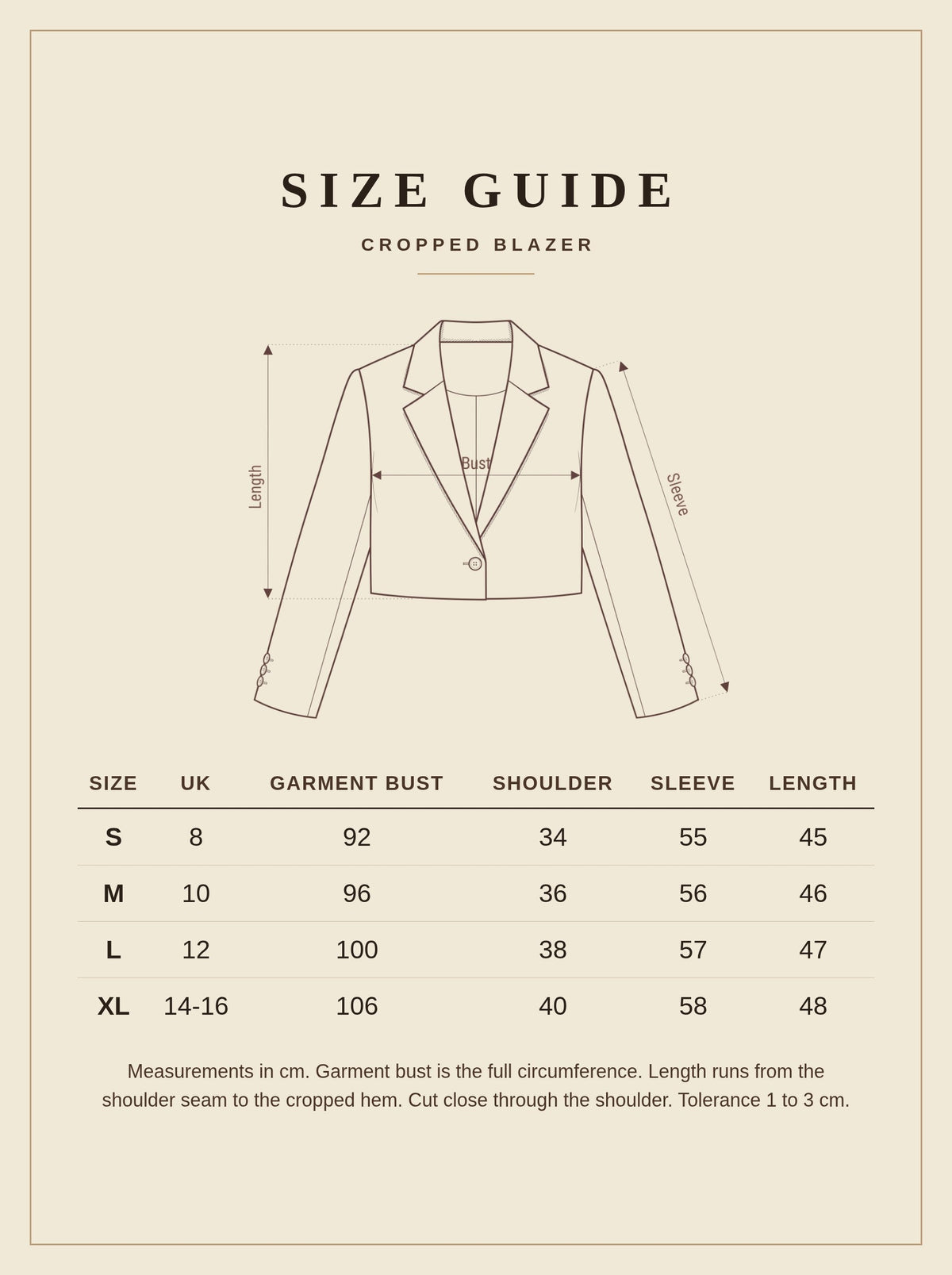 Size guide for the Harlbury cropped blazer, sizes S to XL in cm