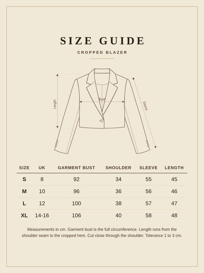 Size guide for the Harlbury cropped blazer, sizes S to XL in cm