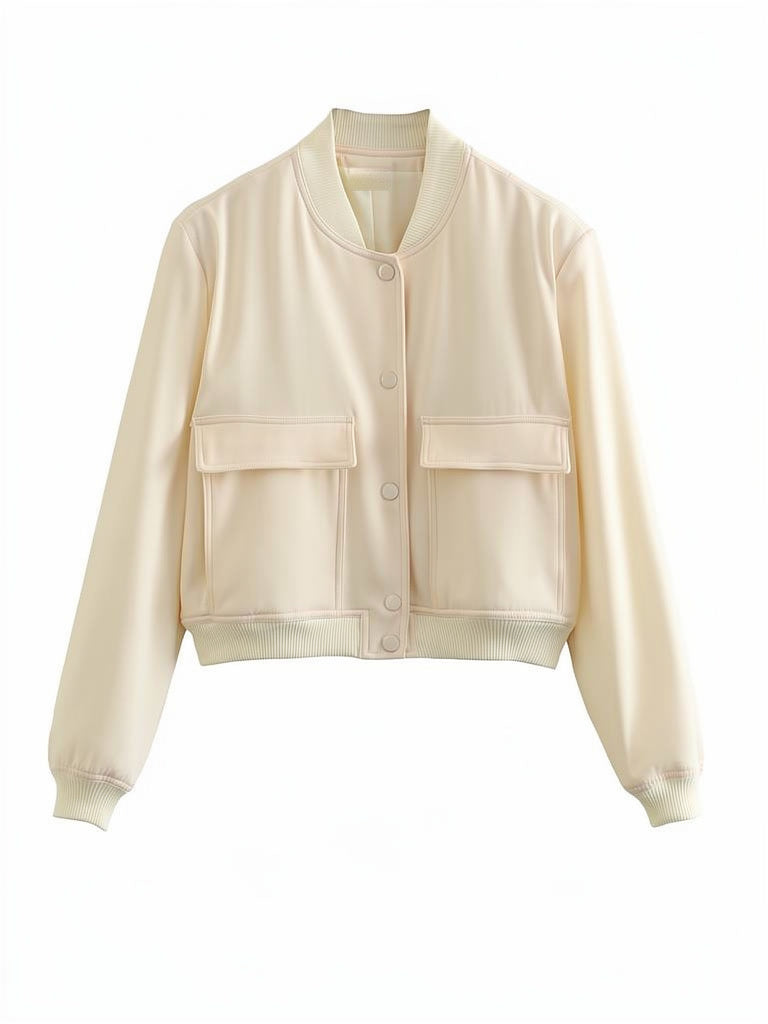 Cropped bomber jacket in buttermilk cream, front view, showing the ribbed collar, press stud placket and flap pockets