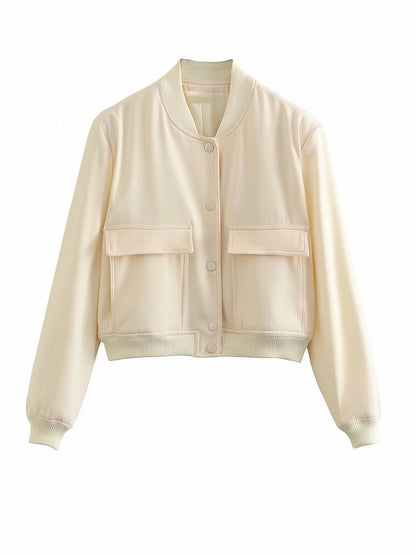 Cropped bomber jacket in buttermilk cream, front view, showing the ribbed collar, press stud placket and flap pockets