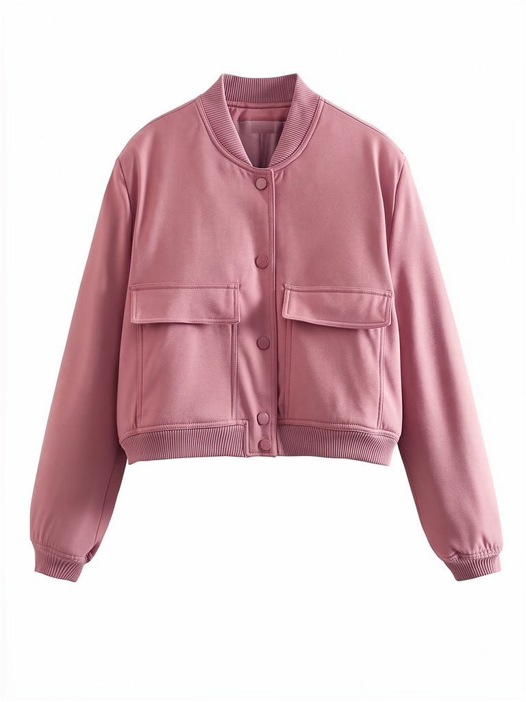 Cropped bomber jacket in dusty rose, front view, with ribbed collar, cuffs and hem