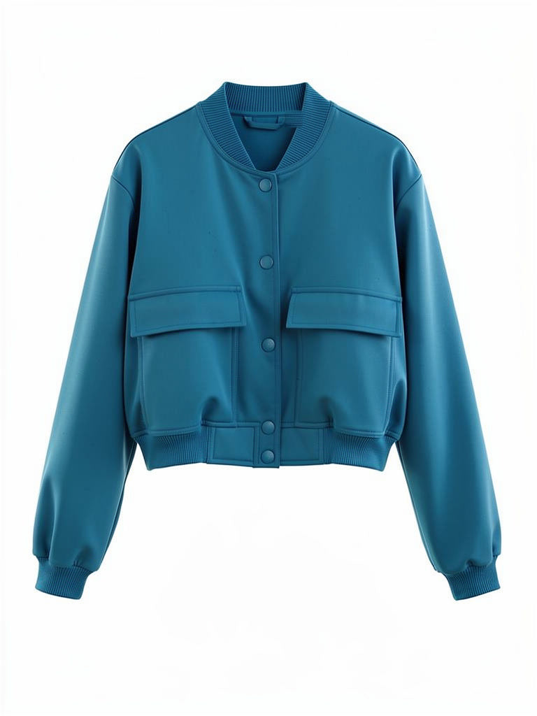 Cropped bomber jacket in petrol blue, front view, with ribbed collar, cuffs and hem