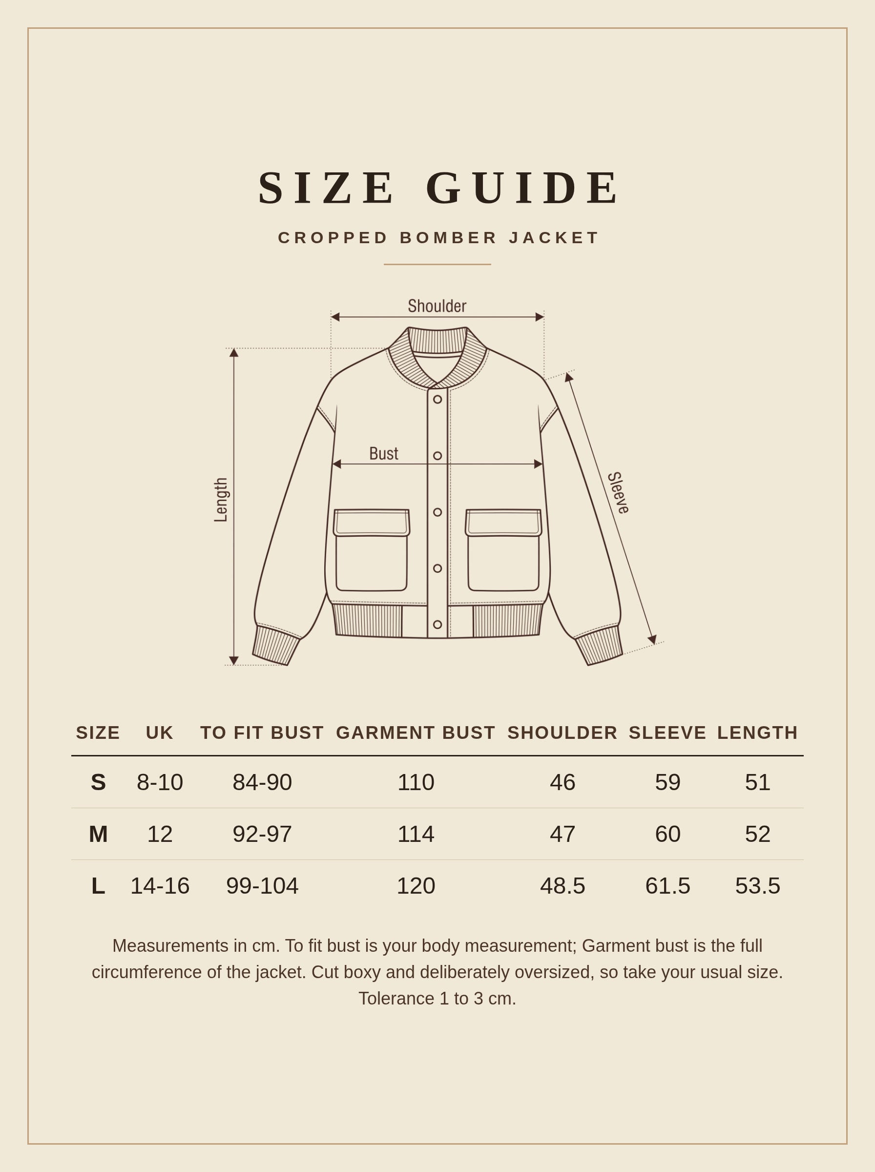 Size guide for the cropped bomber jacket, sizes S to L with UK sizes and garment measurements in cm