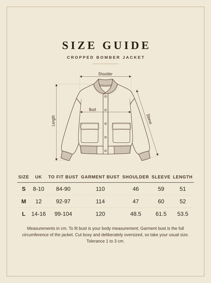 Size guide for the cropped bomber jacket, sizes S to L with UK sizes and garment measurements in cm