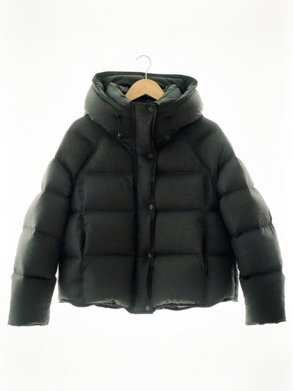 Black cropped puffer jacket on a hanger, box quilted with a padded hood