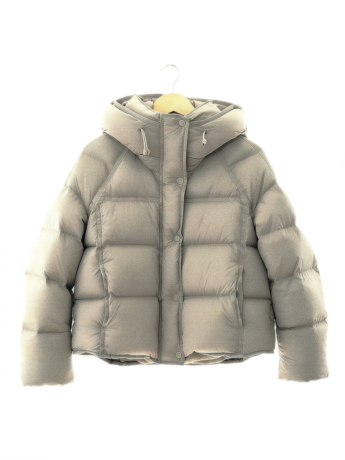 Mushroom cropped puffer jacket on a hanger, box quilted with elasticated cuffs