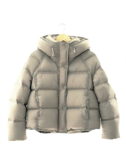 Mushroom cropped puffer jacket on a hanger, box quilted with elasticated cuffs