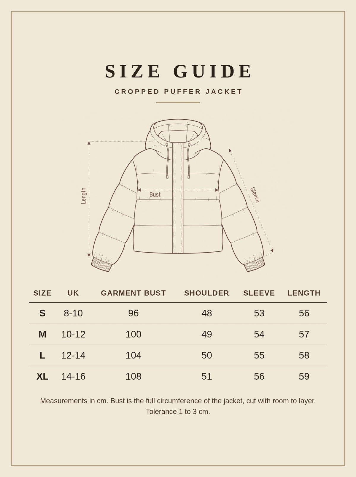 Size guide for the Harlbury cropped puffer jacket, sizes S to XL in cm