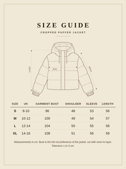 Size guide for the Harlbury cropped puffer jacket, sizes S to XL in cm