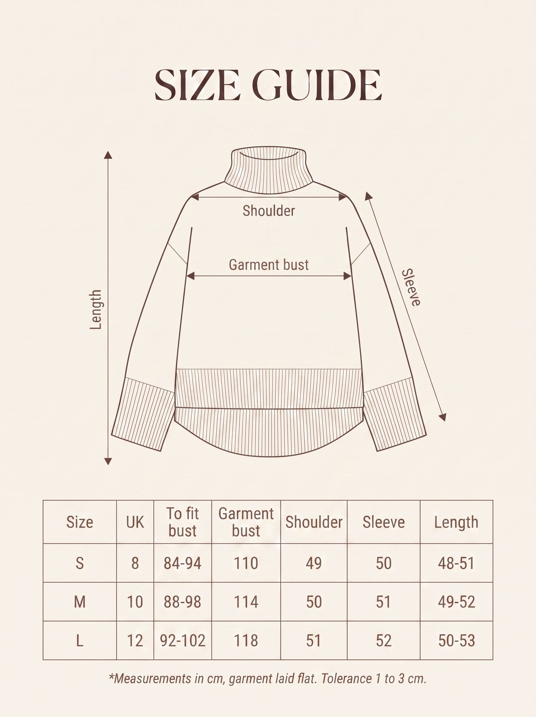 Size guide for the cropped turtleneck jumper with measurements for sizes S, M and L