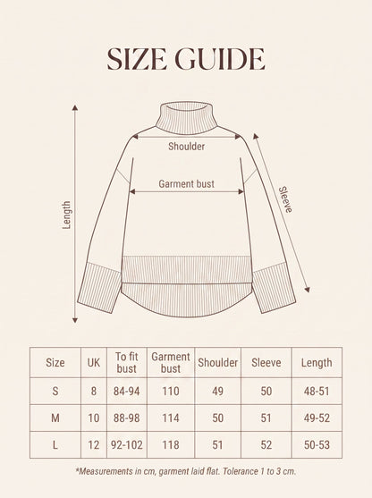 Size guide for the cropped turtleneck jumper with measurements for sizes S, M and L