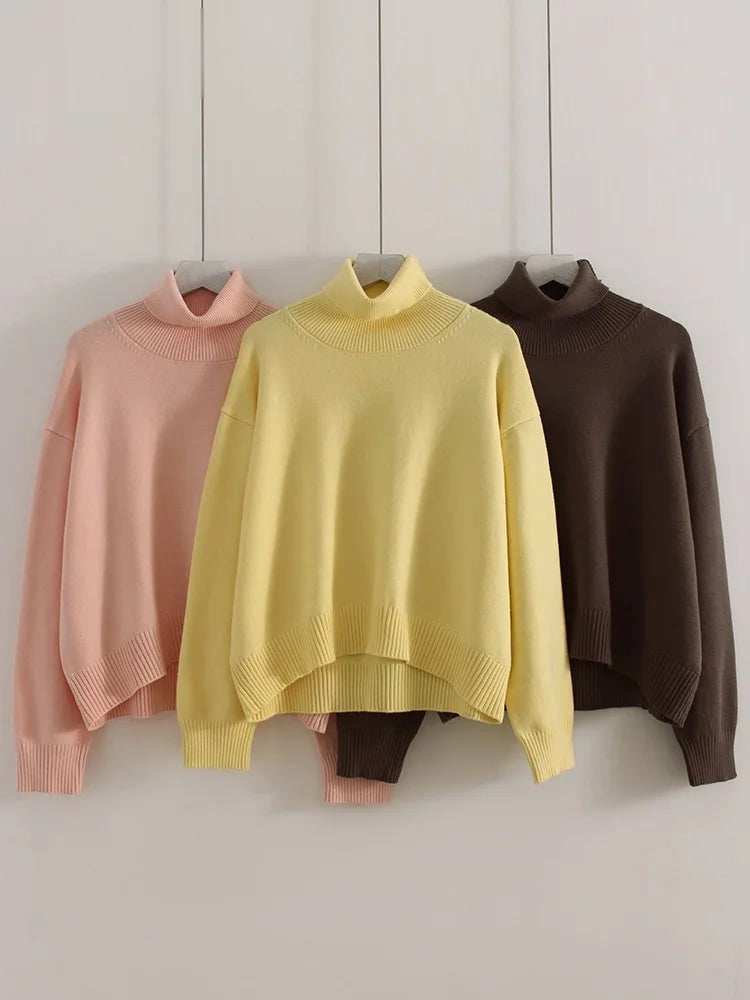 The cropped turtleneck jumper in blush pink, butter yellow and taupe side by side