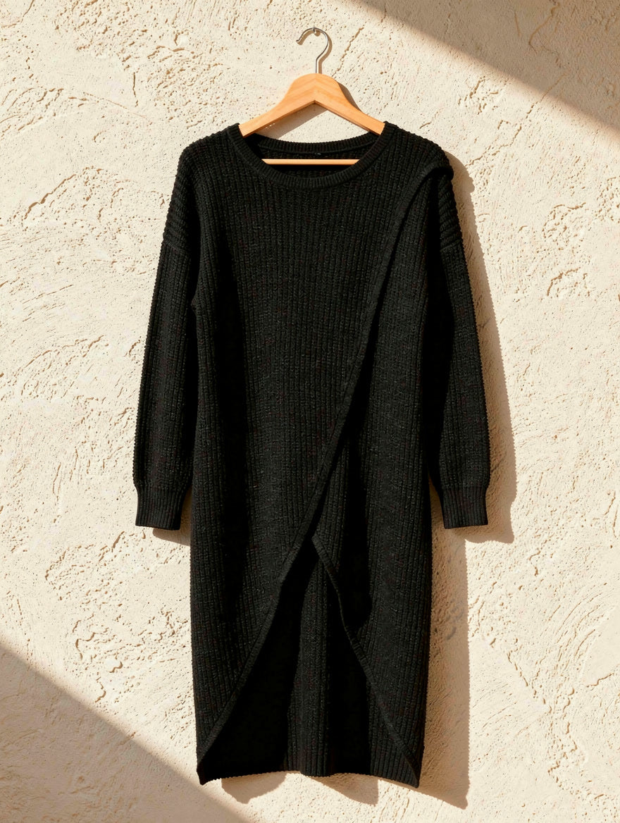 Black crossover-hem rib-knit jumper dress on a wooden hanger