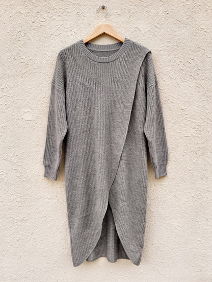 Grey marl crossover-hem rib-knit jumper dress on a wooden hanger