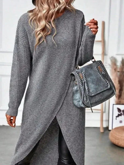 Street-style photo of the grey marl crossover-hem jumper dress worn with a shoulder bag