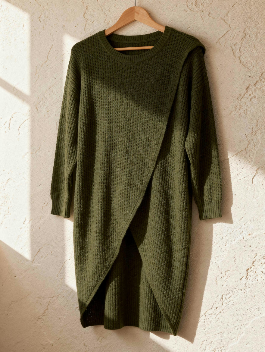 Olive green crossover-hem rib-knit jumper dress on a wooden hanger