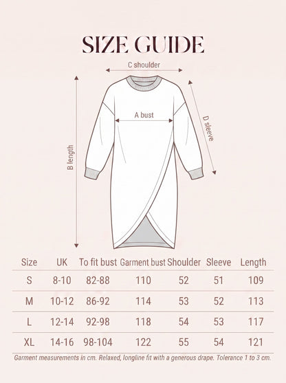 Size guide for the womens crossover-hem rib-knit jumper dress with measurements in cm