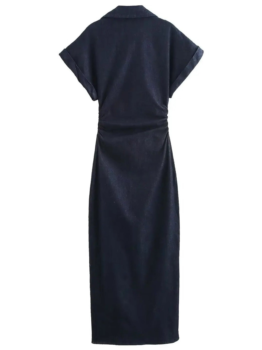 Back view of the indigo denim dress, plain with a gathered waist