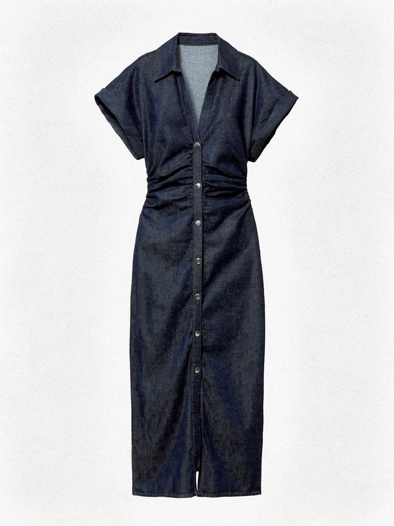 Indigo denim dress with a collared V neck and ruched waist, front view