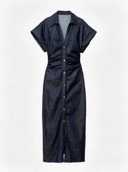 Indigo denim dress with a collared V neck and ruched waist, front view