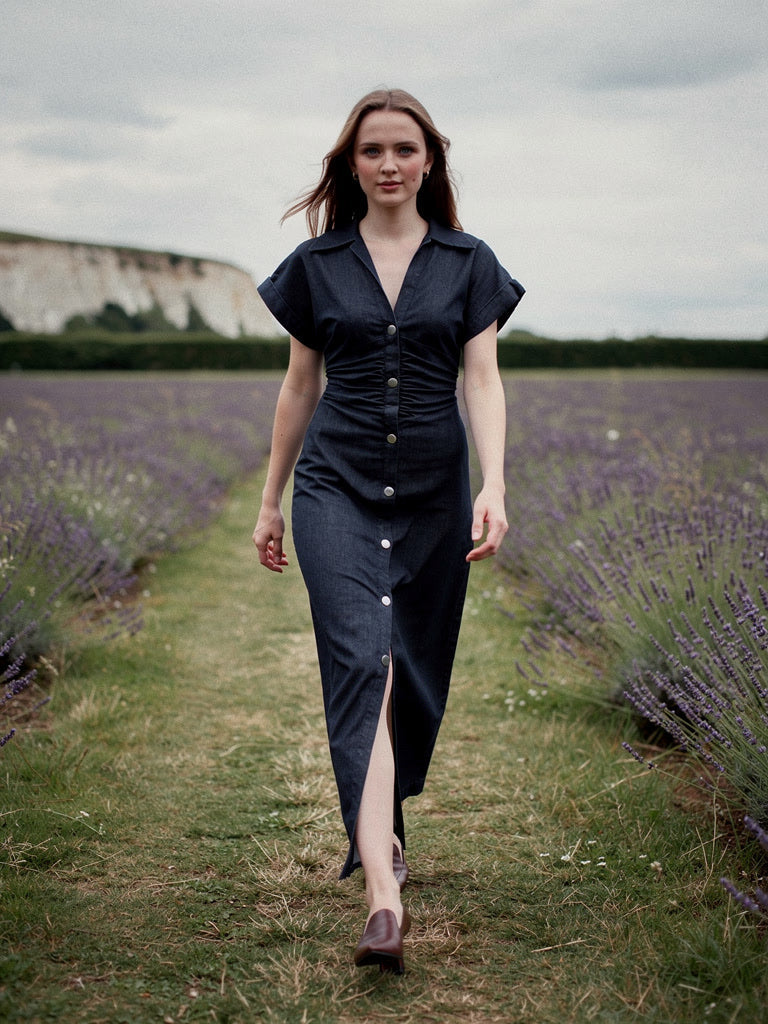 Womens indigo denim dress worn in an English lavender field