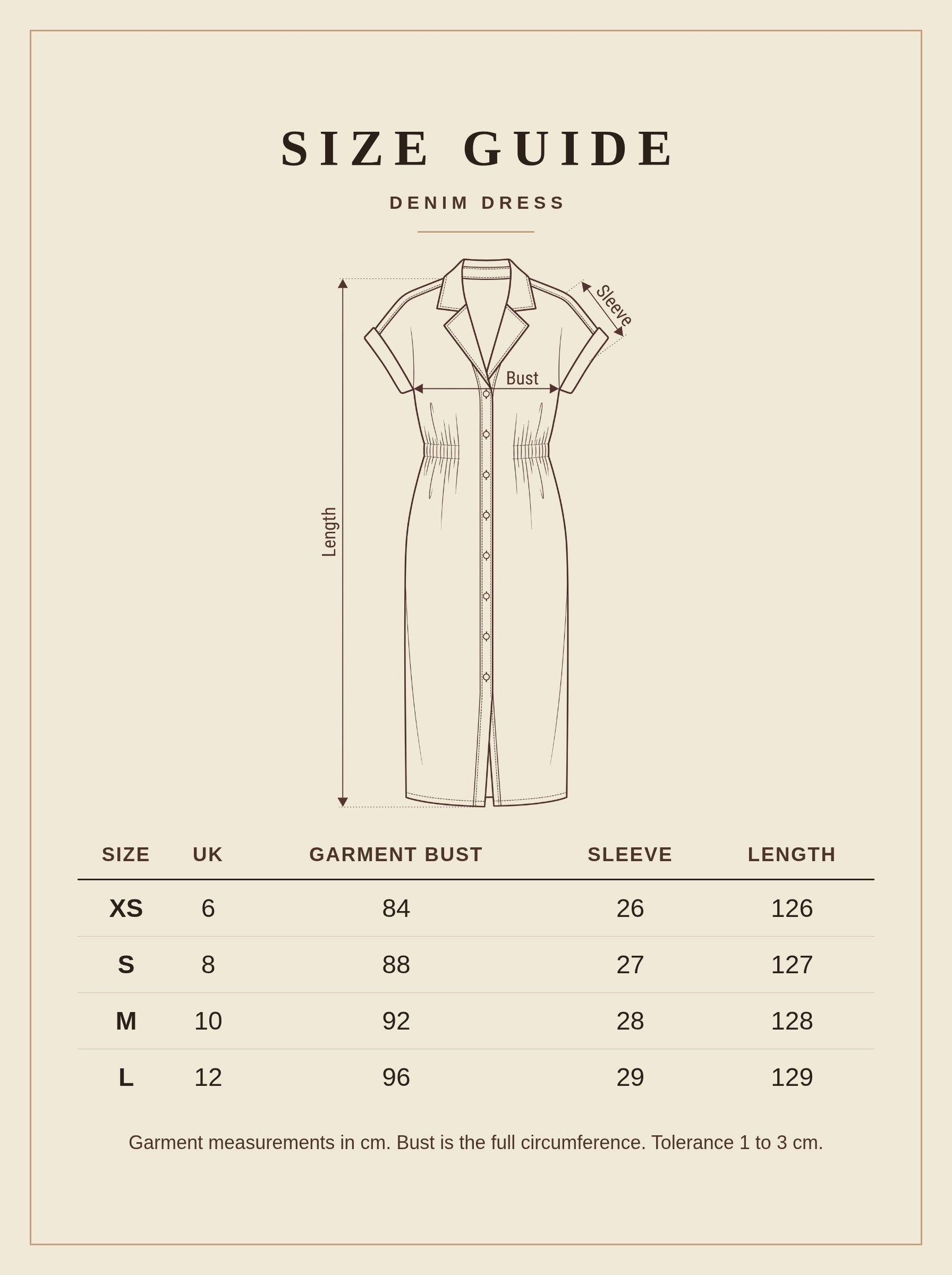 Size guide for the denim dress, UK 6 to 12