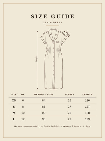Size guide for the denim dress, UK 6 to 12