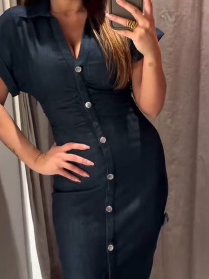 Denim dress worn, showing the button front and ruched waist