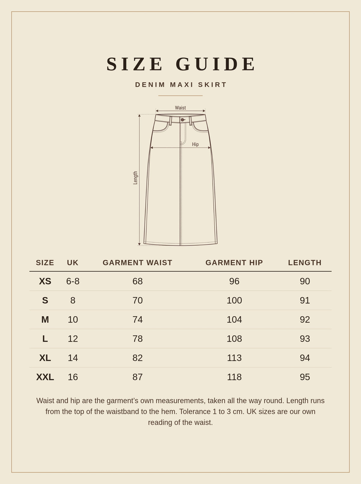 Size guide for the Hatherop denim maxi skirt, sizes XS to XXL with garment waist, hip and length in cm