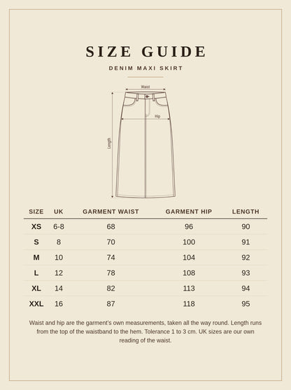 Size guide for the Hatherop denim maxi skirt, sizes XS to XXL with garment waist, hip and length in cm