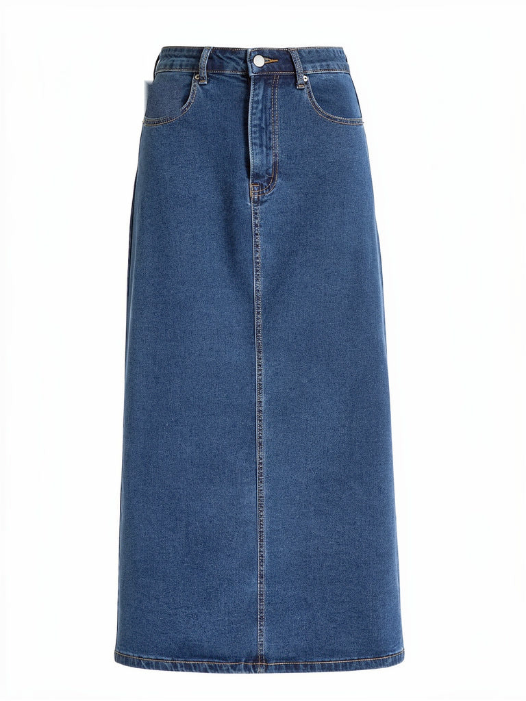 Denim maxi skirt in Woad Blue indigo denim, front view showing the five-pocket waistband and the gently flared body