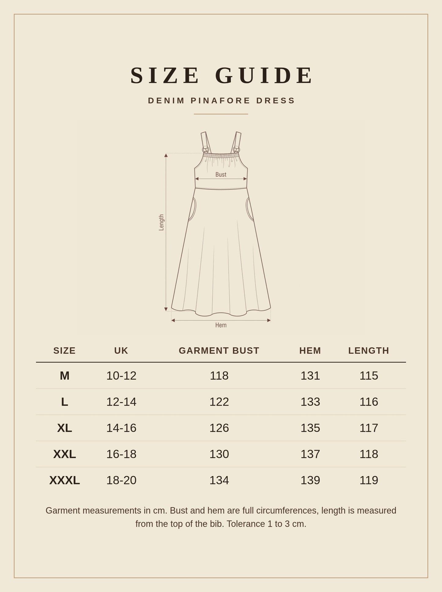 Size guide for the denim pinafore dress, sizes M to XXXL
