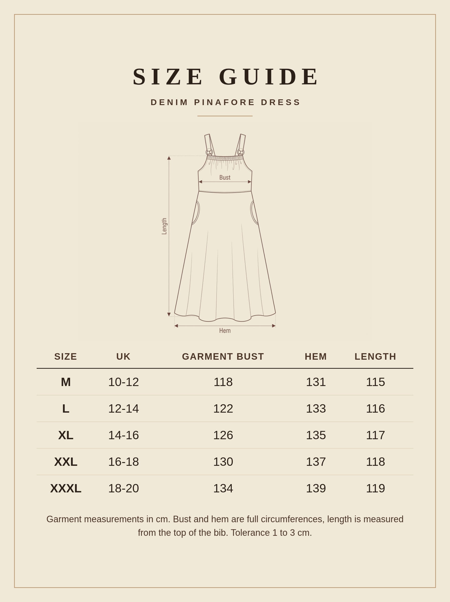 Size guide for the denim pinafore dress, sizes M to XXXL