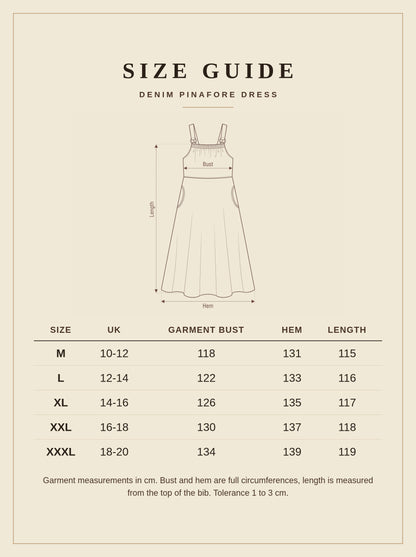 Size guide for the denim pinafore dress, sizes M to XXXL