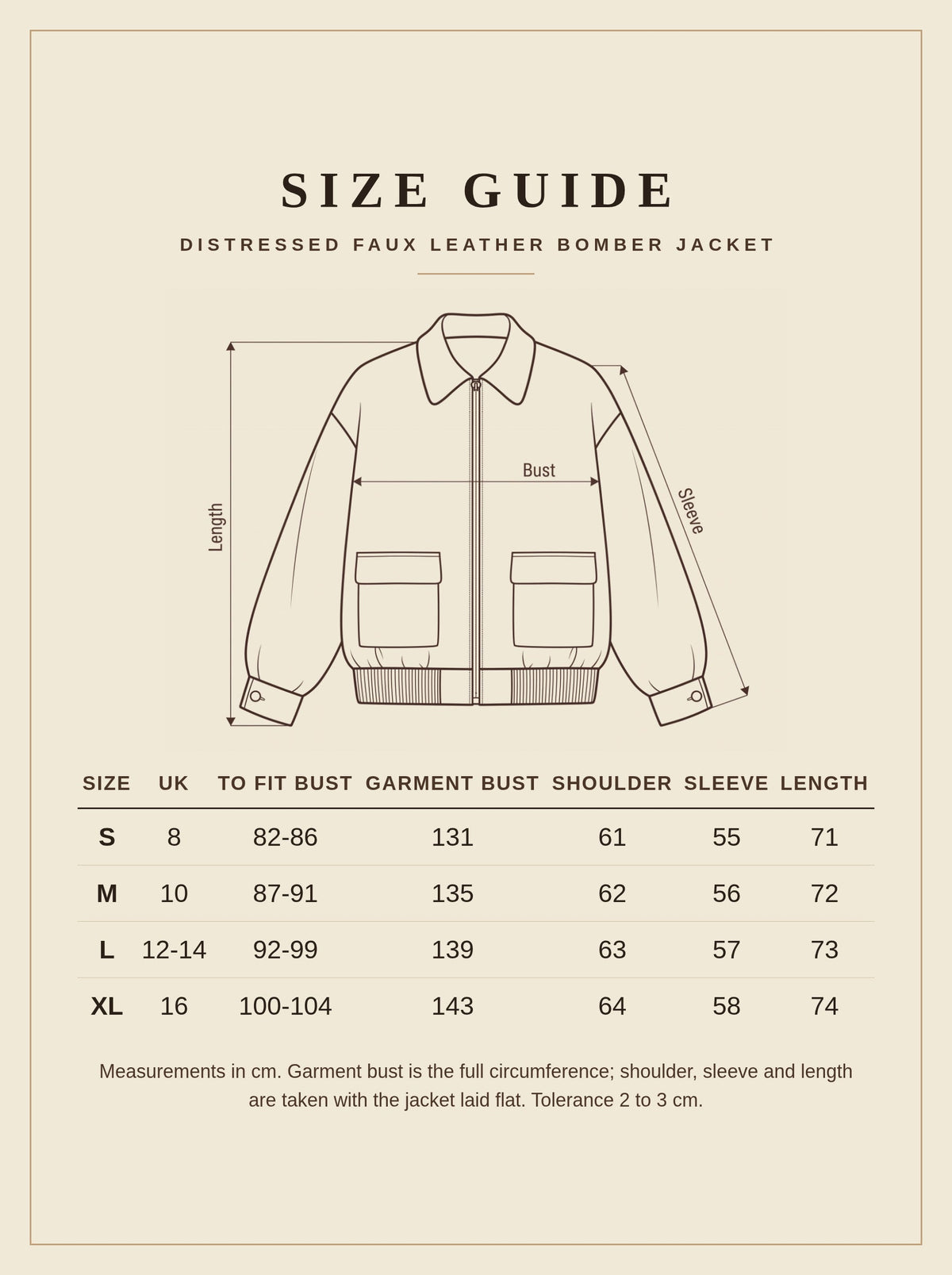 Size guide for the Taynton distressed faux leather bomber jacket, UK 8 to 16