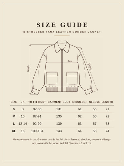 Size guide for the Taynton distressed faux leather bomber jacket, UK 8 to 16