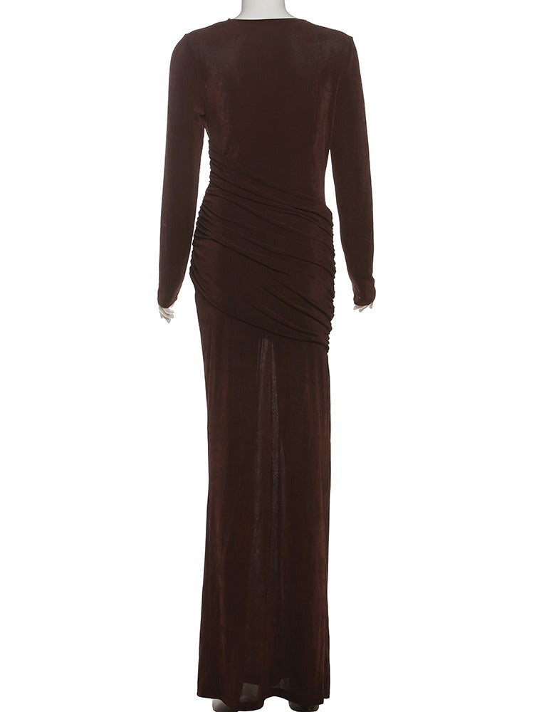 Draped maxi dress in Bourbon seen from the back, gathered waist and plain column skirt