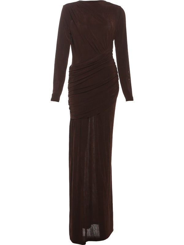 Draped maxi dress in Bourbon shown against a white background, neckline to hem