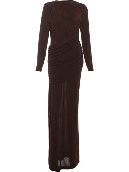 Draped maxi dress in Bourbon shown against a white background, neckline to hem