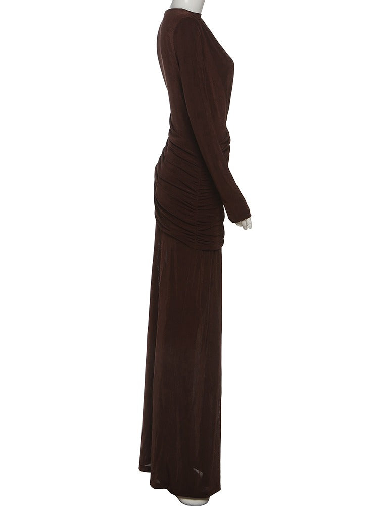 Draped maxi dress in Bourbon seen from the side, showing the draped hip panel