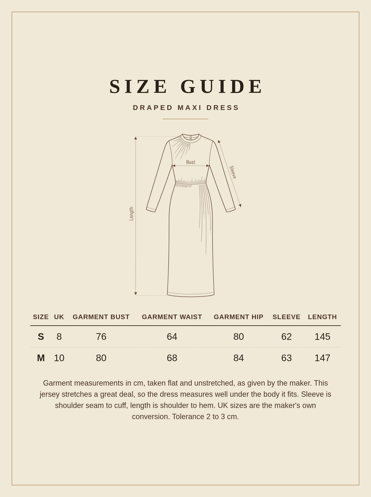 Size guide for the Edgeworth draped maxi dress, garment measurements in centimetres for UK 8 and UK 10