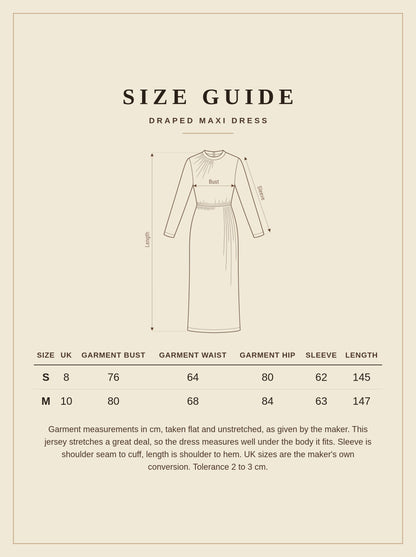 Size guide for the Edgeworth draped maxi dress, garment measurements in centimetres for UK 8 and UK 10