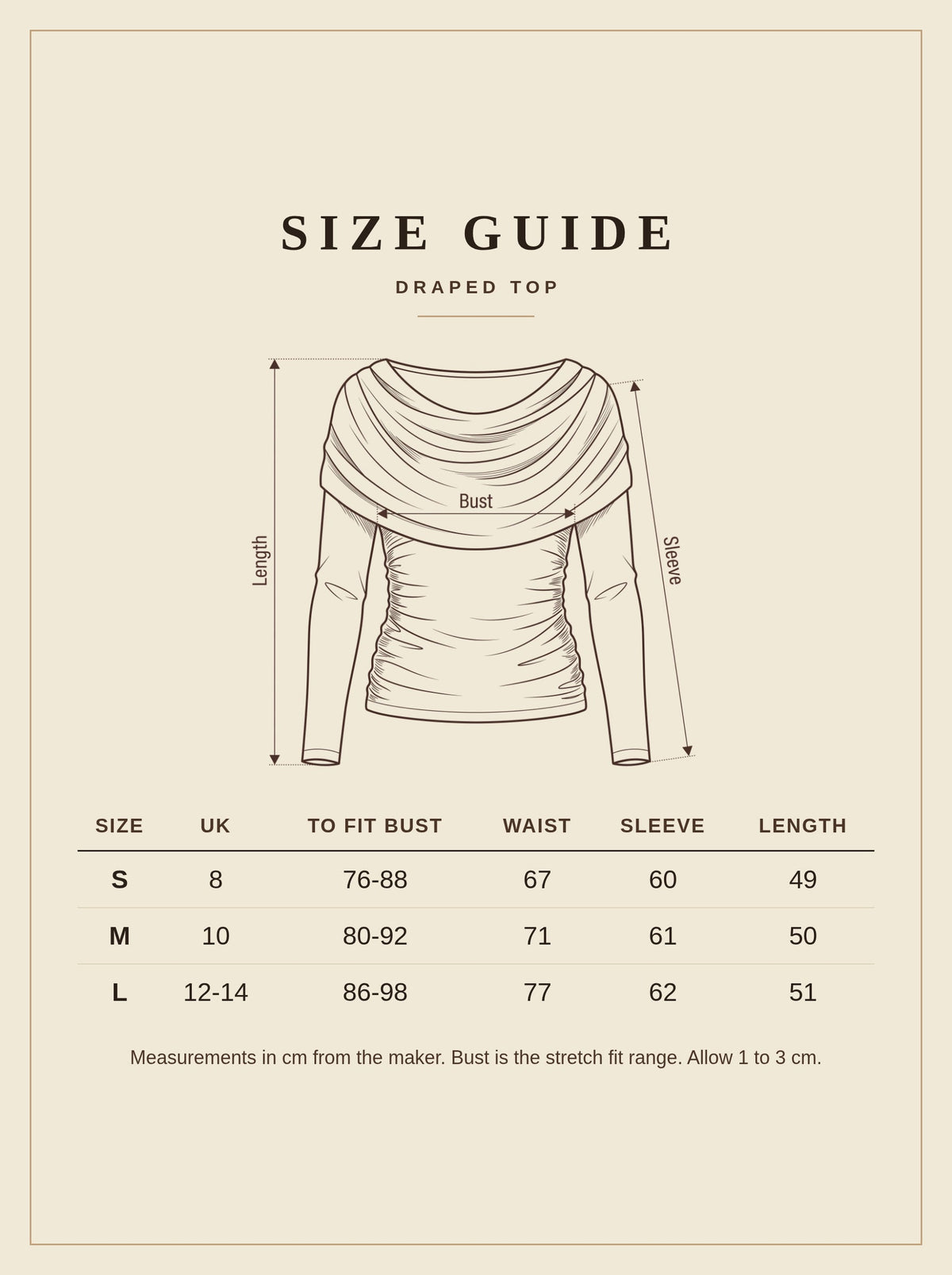 Harlbury size guide for the draped top, sizes S to L in UK 8 to 14