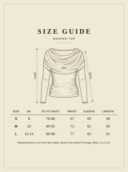 Harlbury size guide for the draped top, sizes S to L in UK 8 to 14